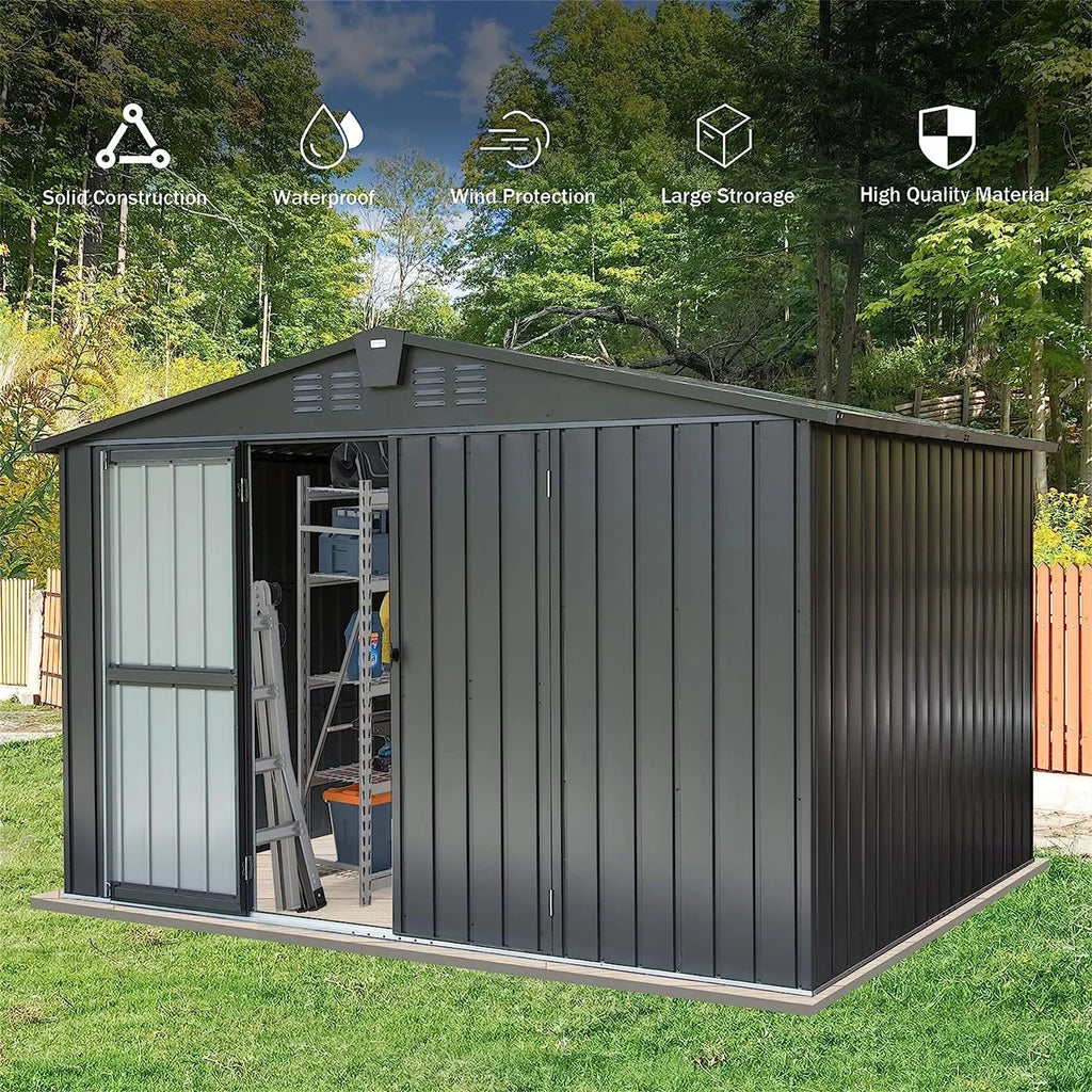 CoSoTower Outdoor Storage Shed 10' 8', Metal Garden Shed for Bike, Trash Can, Tools, Galvanized Steel Outdoor Storage Cabinet with Lockable Door for Backyard, Patio, Lawn (10X8ft, Black)