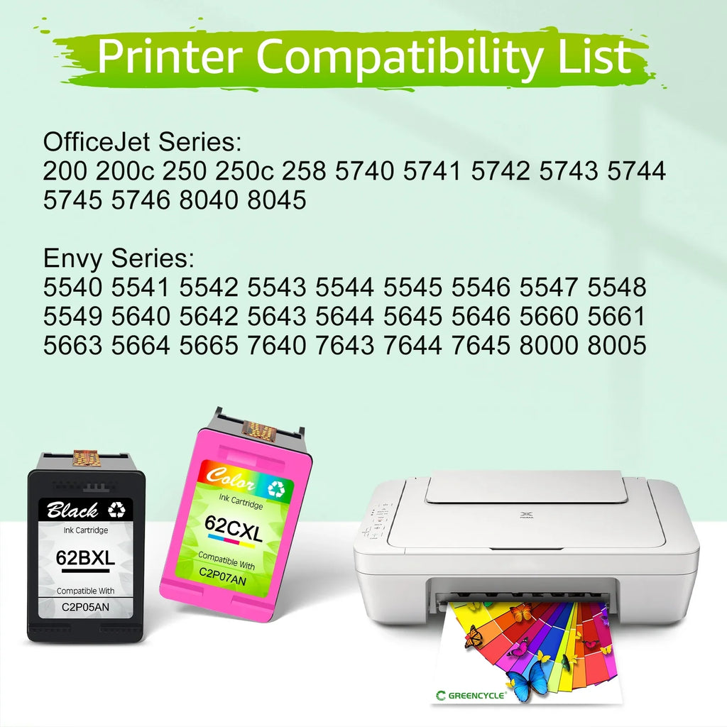 62XL Ink Cartridges Replacement for  High Yield 62  Compatible with Envy 5540 5640 5660 7644 7645 OfficeJet 5740 8040 OfficeJet 200 250 (6 Tri-Color)