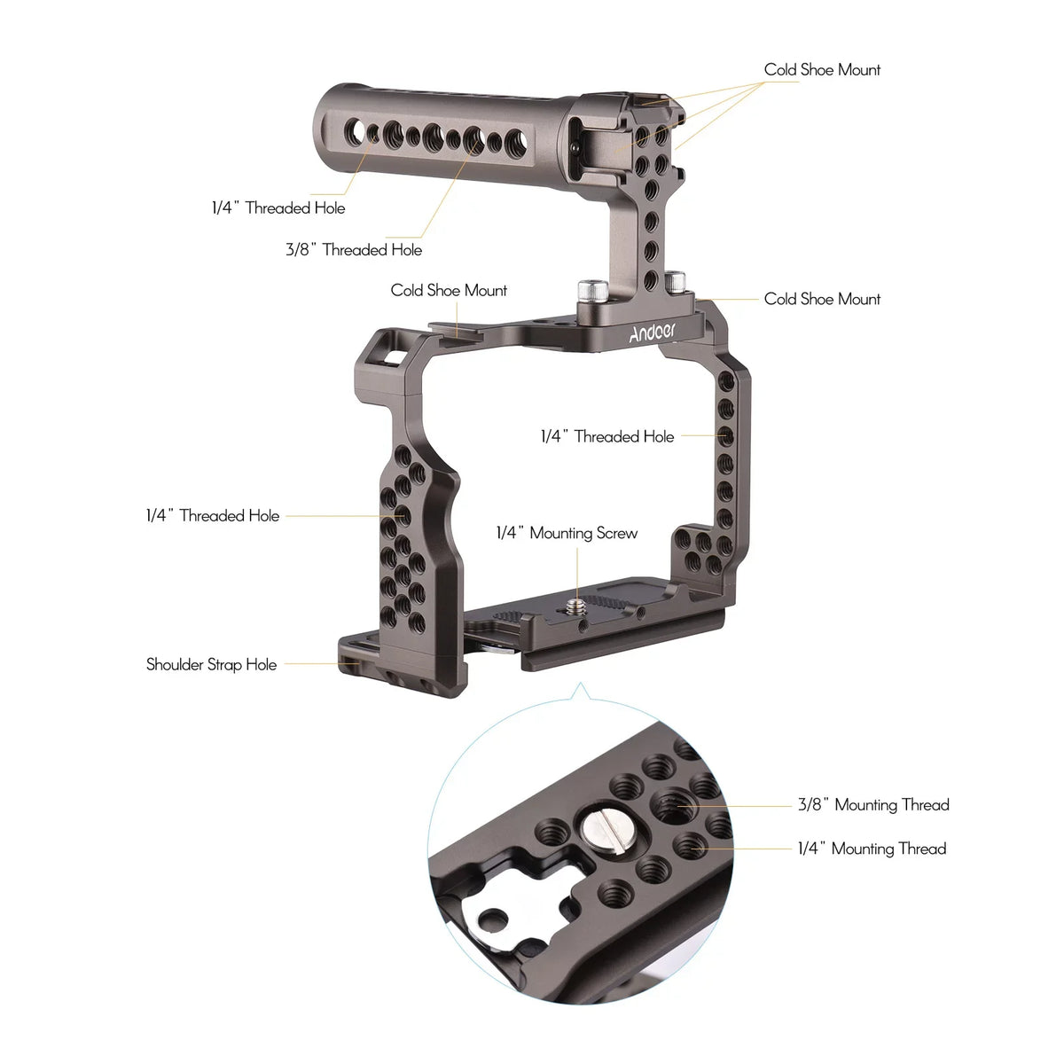 Andoer Aluminum Alloy Camera Cage Kit with Video Rig Handle Grip Replacement for Sony  /  /