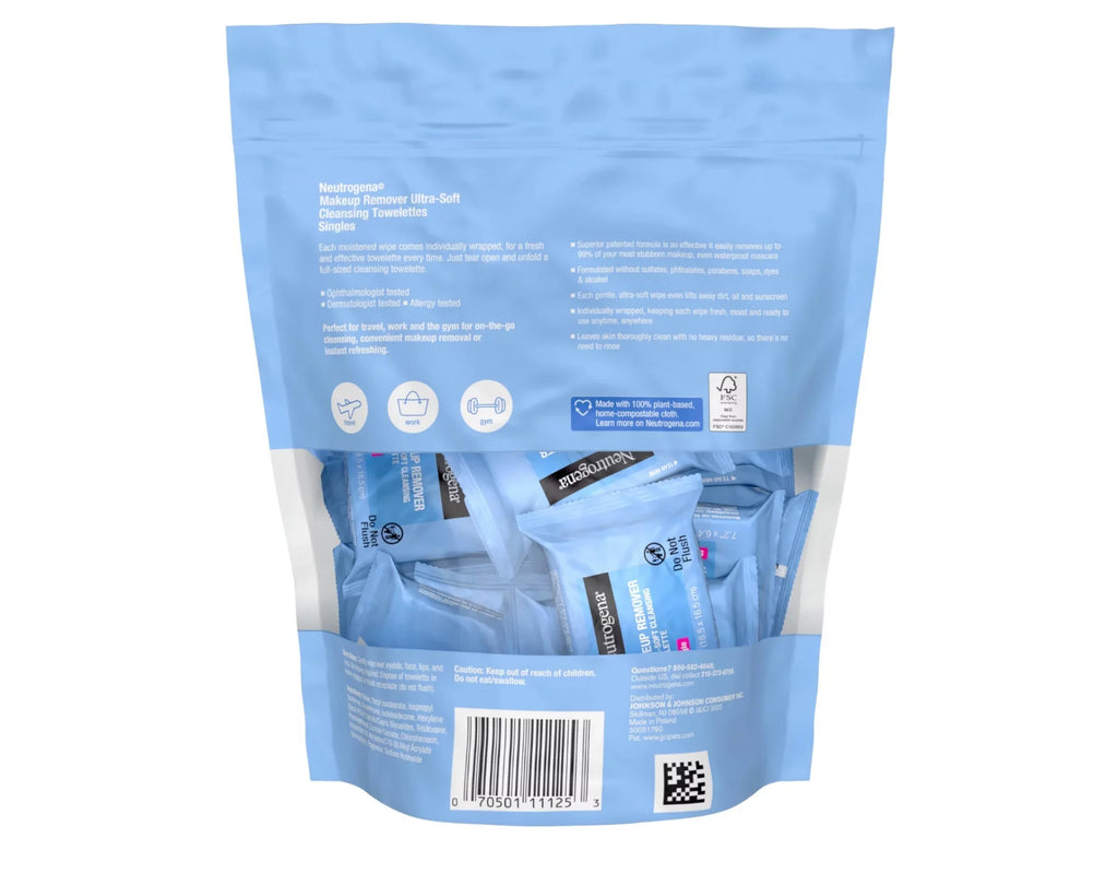 Neutrogena Makeup Remover Cleansing Towelette Singles, Daily Face Wipes to Remove Dirt, Oil, Makeup & Waterproo (Pack of 3)