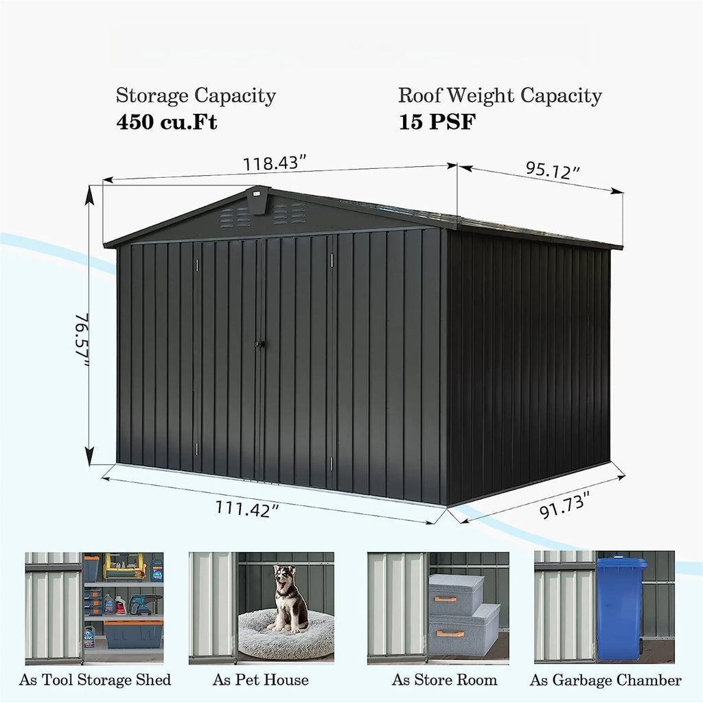 CoSoTower Outdoor Storage Shed 10' 8', Metal Garden Shed for Bike, Trash Can, Tools, Galvanized Steel Outdoor Storage Cabinet with Lockable Door for Backyard, Patio, Lawn (10X8ft, Black)