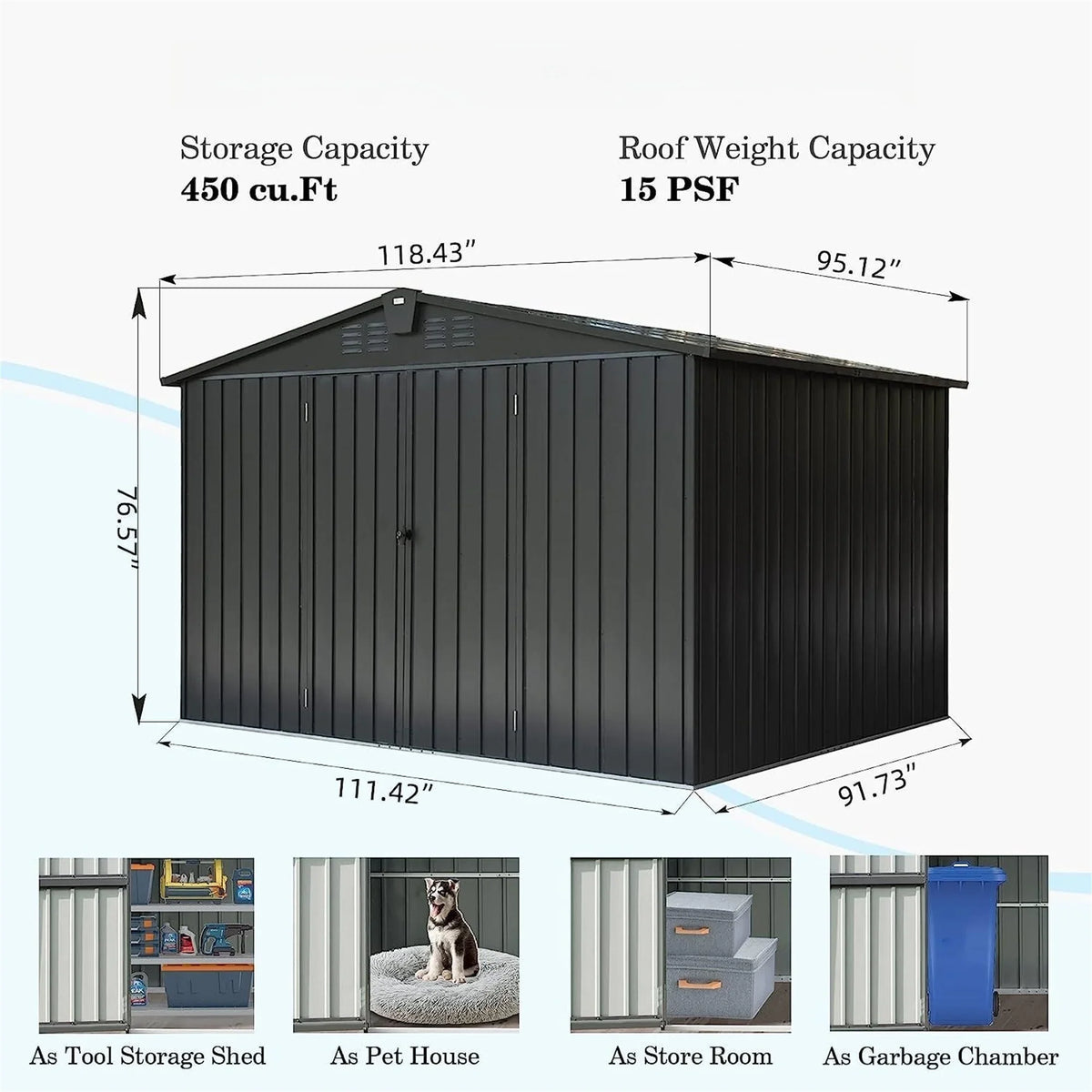 CoSoTower Outdoor Storage Shed 10' 8', Metal Garden Shed for Bike, Trash Can, Tools, Galvanized Steel Outdoor Storage Cabinet with Lockable Door for Backyard, Patio, Lawn (10X8ft, Black)