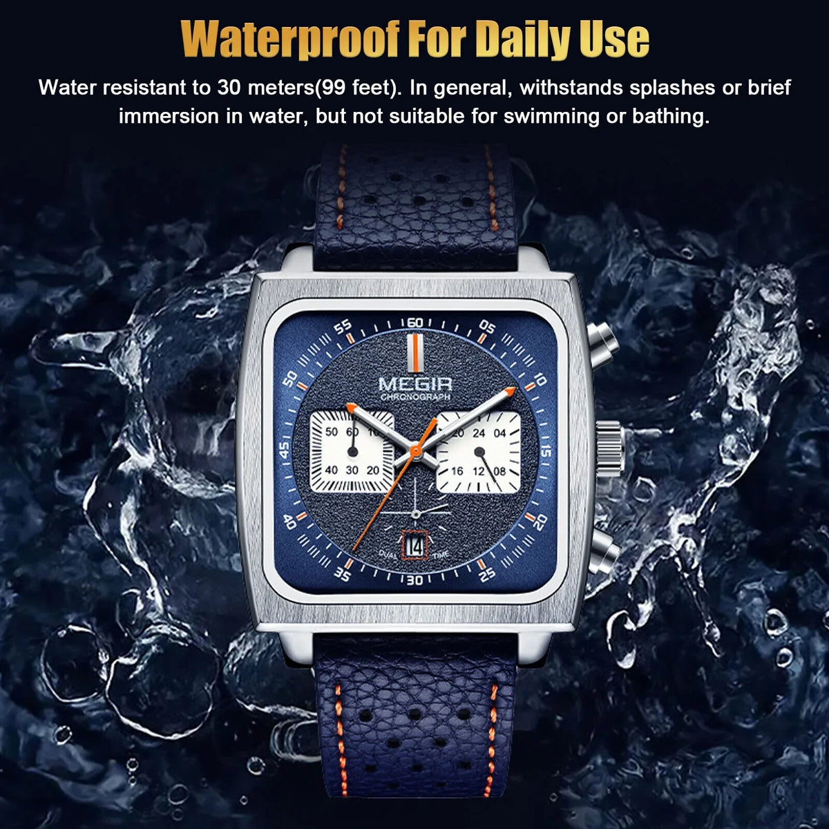 Fashion  Square Men Watch Luminous Quartz Waterproof Calendar Leather Wrist