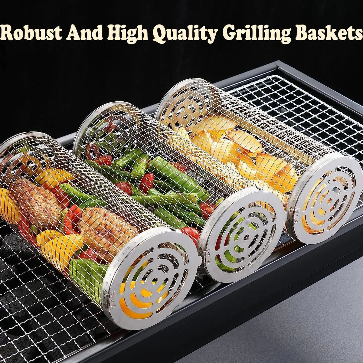 2PC Rolling Grilling Basket，Round Barbecue  Grilling Basket ，Portable Outdoor Camping  Rack for Fish, Shrimp, Vegetables, Barbeque Griller Cooking Accessories