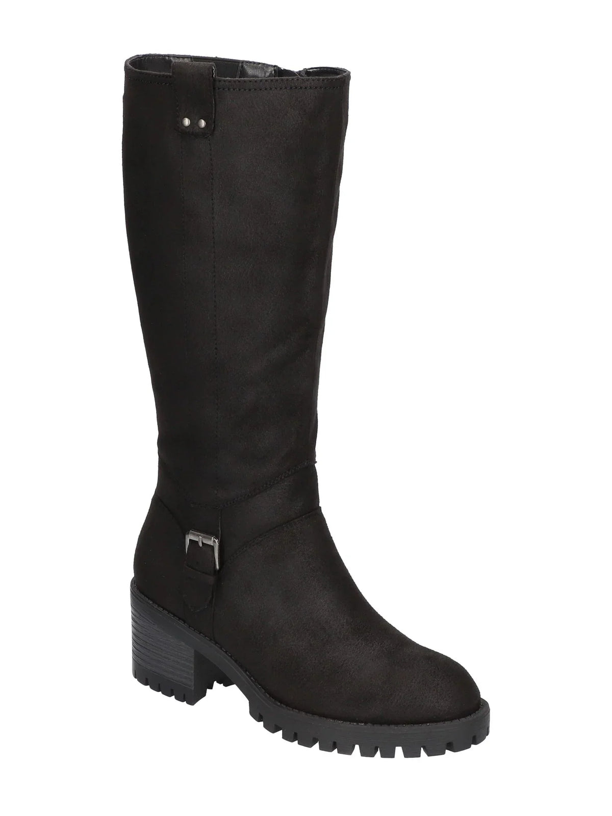 Womens Black Goring Buckled Strap Side Pull-Tab Lug Sole Padded Lorielle Round Toe Block Heel Zip-Up Boots Shoes 9.5