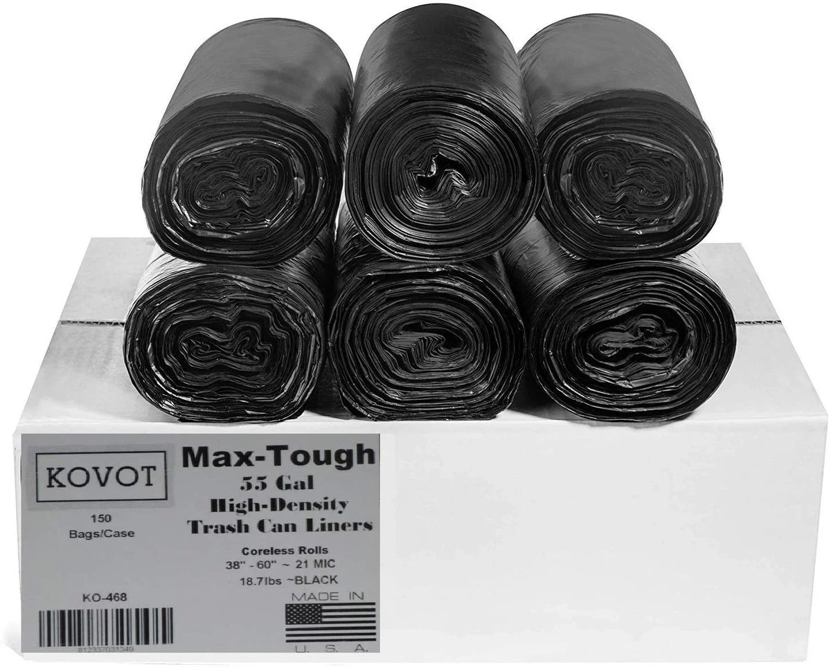'-386021K Max-Tough 55 Gal. High Density Star Seal Coreless Rolls Black Trash Bag, (Pack of 150)