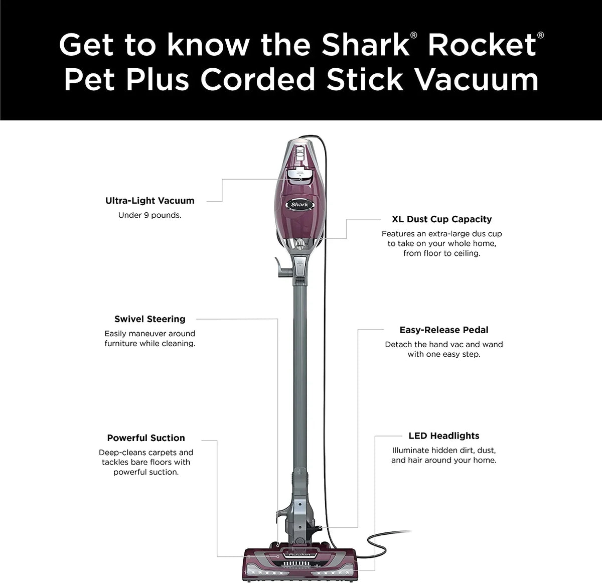 Rocket Pet Plus Corded Stick Vacuum with  Headlights,  Dust Cup, Lightweight, Perfect for Pet Hair Pickup, Converts to a Hand Vacuum, with (2) Pet Attachments, Bordeaux/Silver
