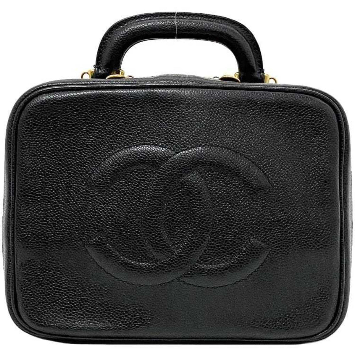 Pre-Owned Chanel Handbag Vanity Bag Black Gold Cocomark  Leather  Caviar Skin 4th  Stitch (Good)