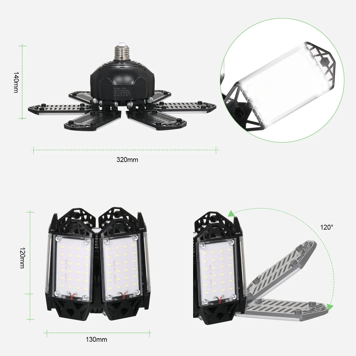 Neoglint 2PCS  -265V 160W 152LEDs Garage Light with 6 Adjustable Panels Deformable Folding Foldable Ceiling Lamp / Base Socket Holder for Garage Warehouse Workshop Basement Gym Kit