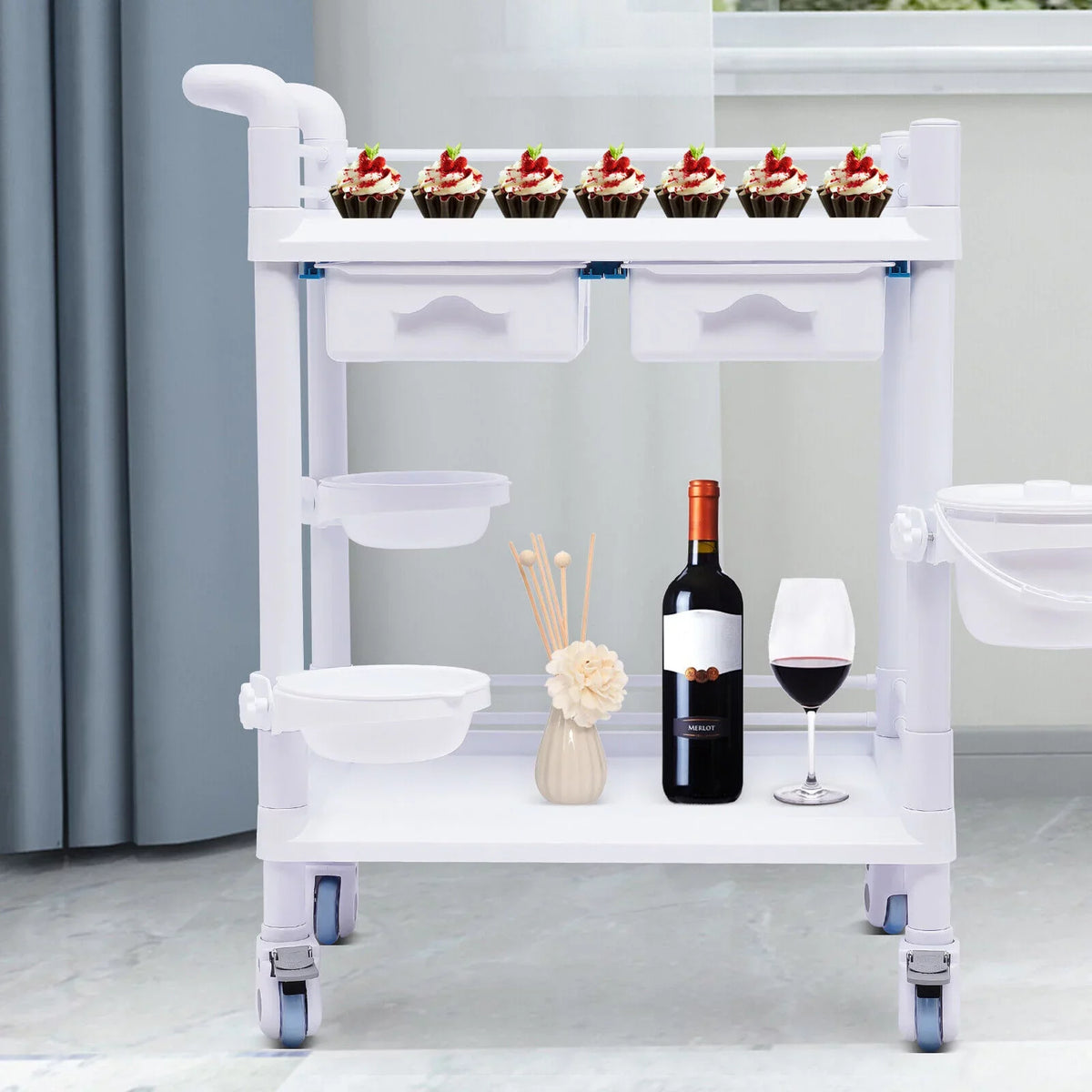 2 Tier Rolling Beauty Spa Trolley Cart, Mobile Utility Cart Trolley Spacious Spa Beauty Salon Rolling Trolley with 360°Rotate Wheels for Hospital Dental Clinic Beauty Salon