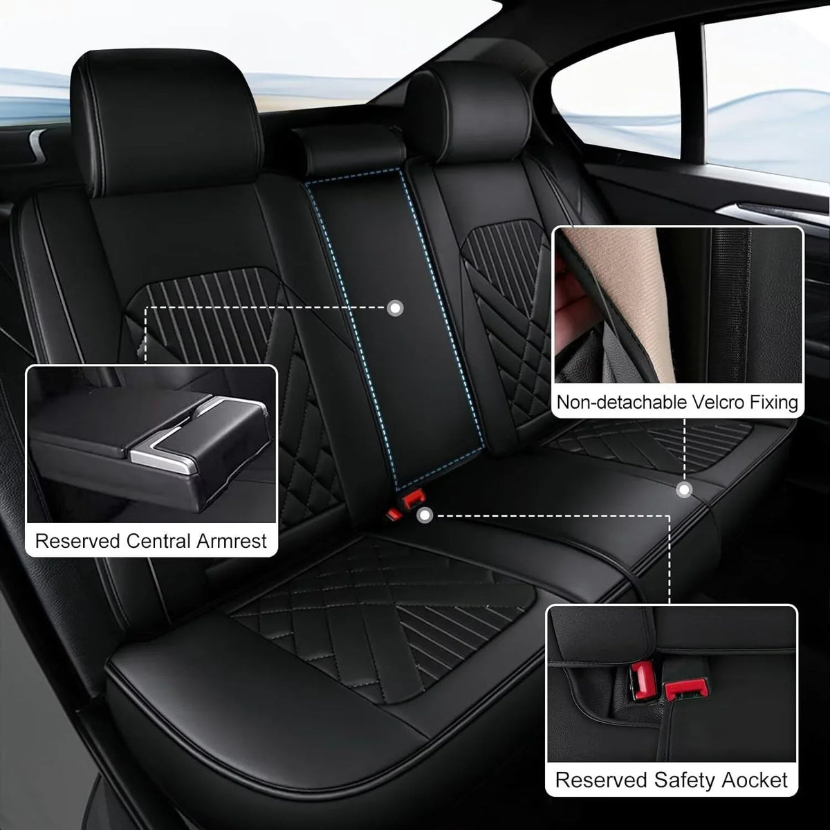 Fit Hyundai Kona 2018-2024 Car Seat Cover 5-seat Faux Leather Full Set Compatible Airbag(Black)