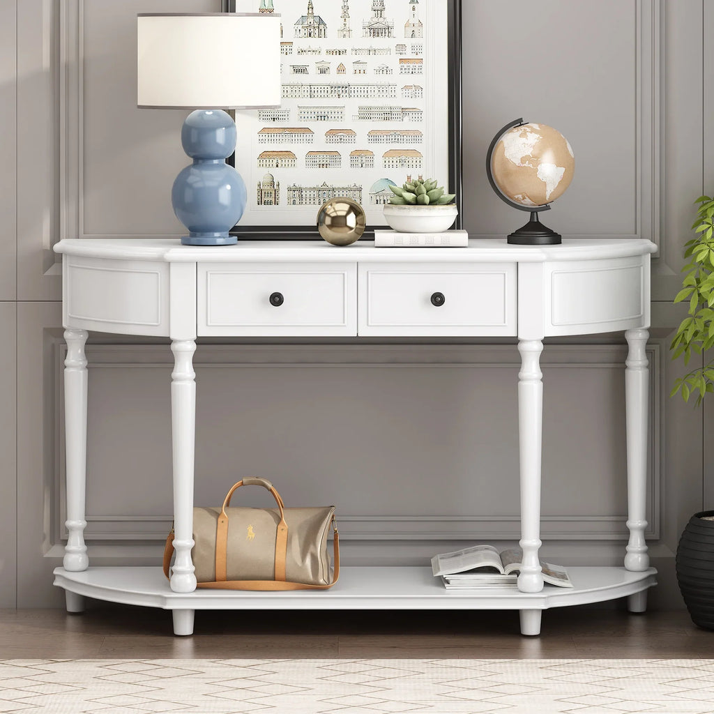 Retro Circular Curved Design Console Table with Open Style Shelf Solid Wooden Frame and Legs Two Top Drawers (White,  : )