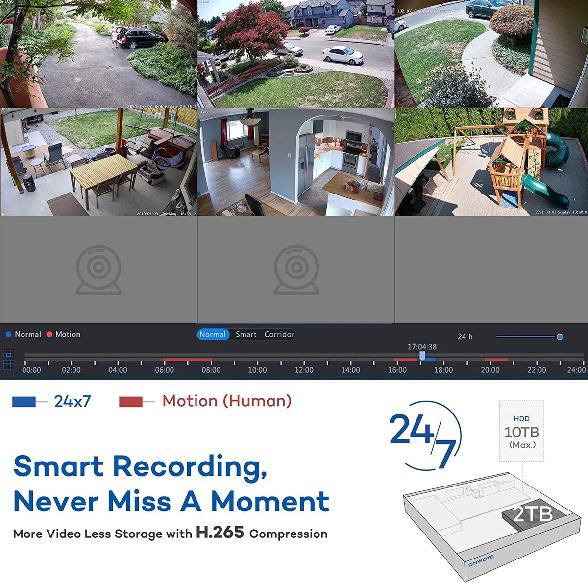 8 Channel 4K Security Camera System,  Human Detection, 8CH 4K 8MP   with 2TB  for 24/7 Recording, 6pcs 4K Wide Angle Outdoor Cameras Wired, 8 Channel Synchronous Playback
