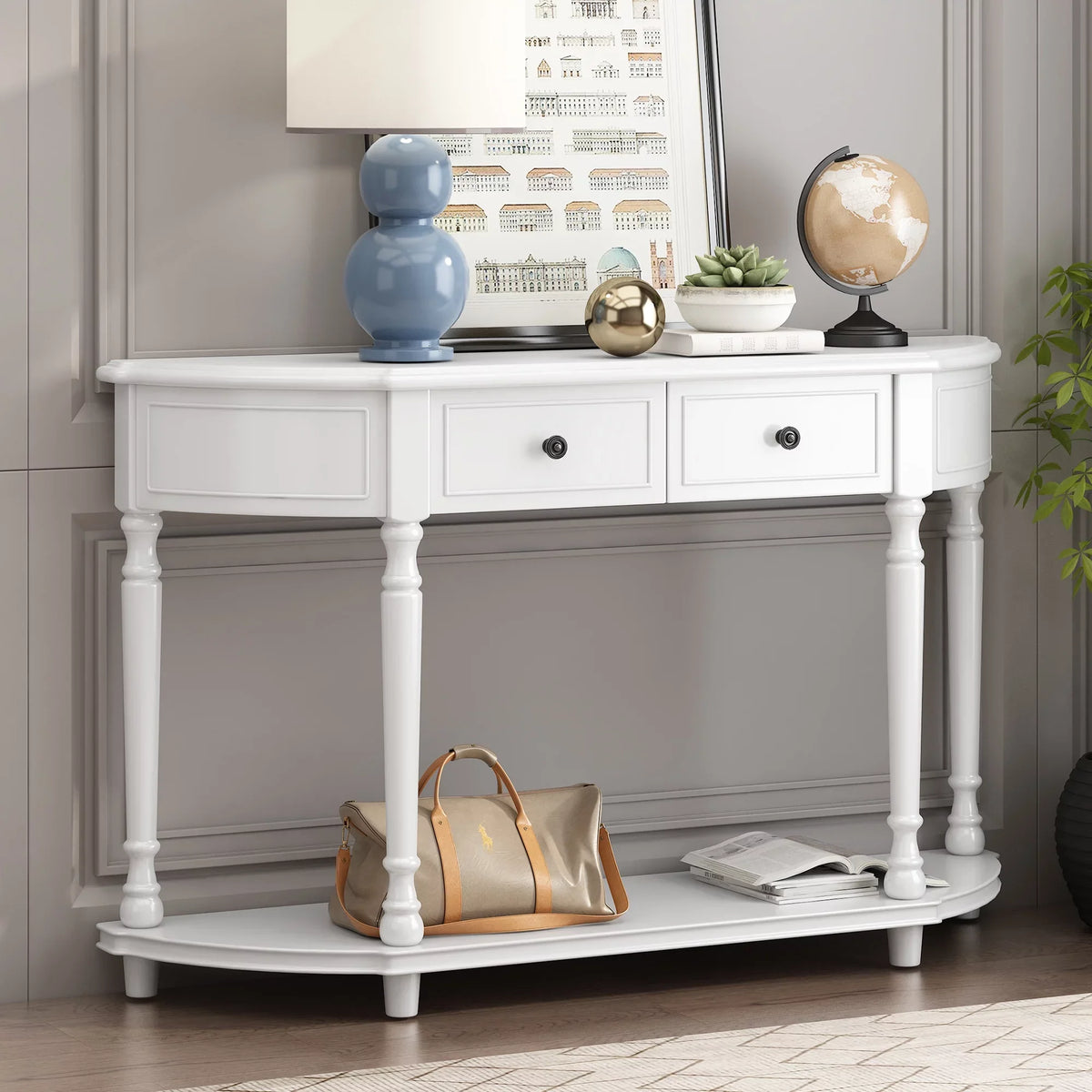 Retro Circular Curved Design Console Table with Open Style Shelf Solid Wooden Frame and Legs Two Top Drawers (White,  : )