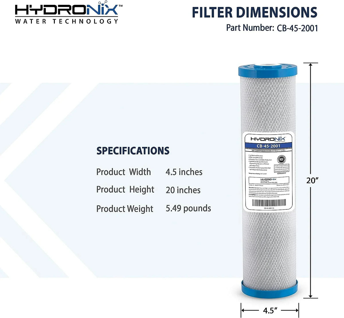 Hydronix -45-2001 Replacement Carbon Water Filter  20-inch x 4.5-inch 1 Micron