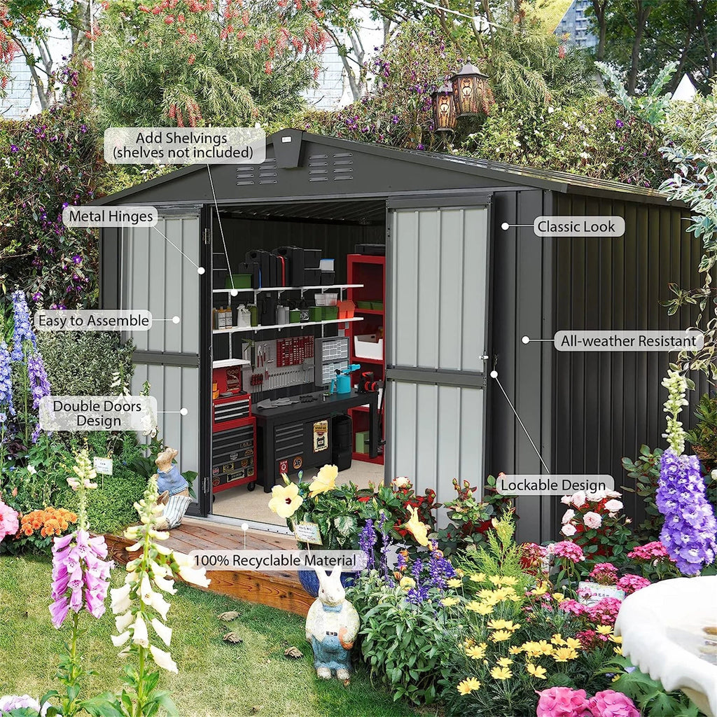 CoSoTower Outdoor Storage Shed 10' 8', Metal Garden Shed for Bike, Trash Can, Tools, Galvanized Steel Outdoor Storage Cabinet with Lockable Door for Backyard, Patio, Lawn (10X8ft, Black)