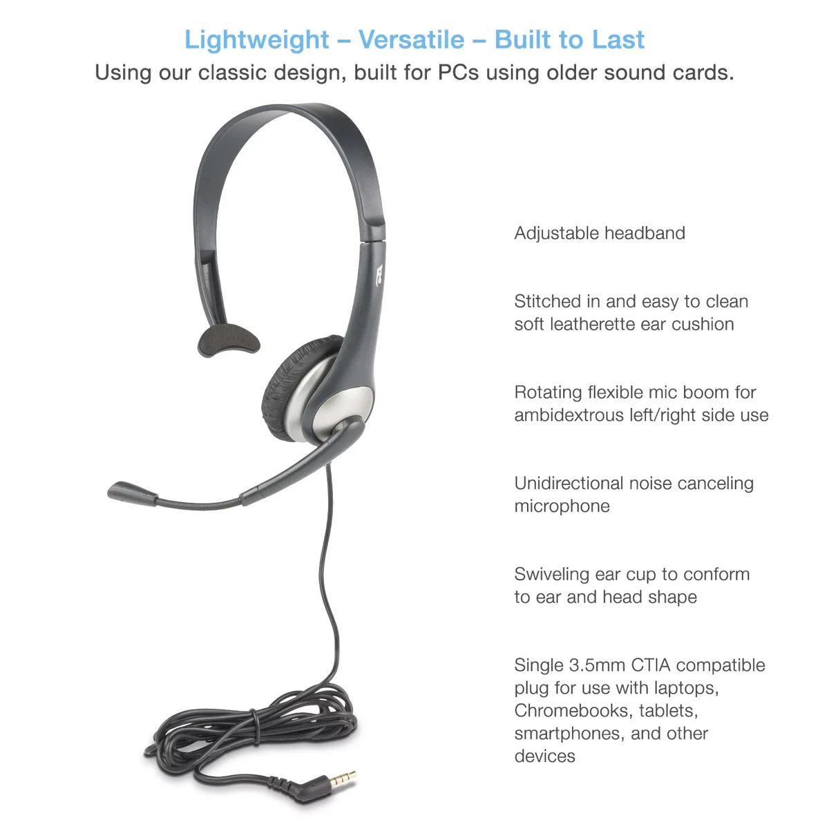 Cyber Acoustics Gray Mono Headset w/ -Adapter & Microphone (-104) -