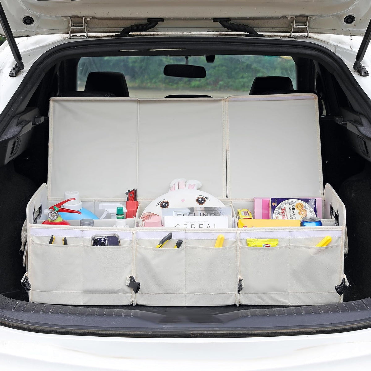 Glamor  Car Trunk Organizer with Lid Car Storage Organizer Collapsible Multi Compartment Adjustable Straps Car Organizer for , Truck, Sedan(Beige)