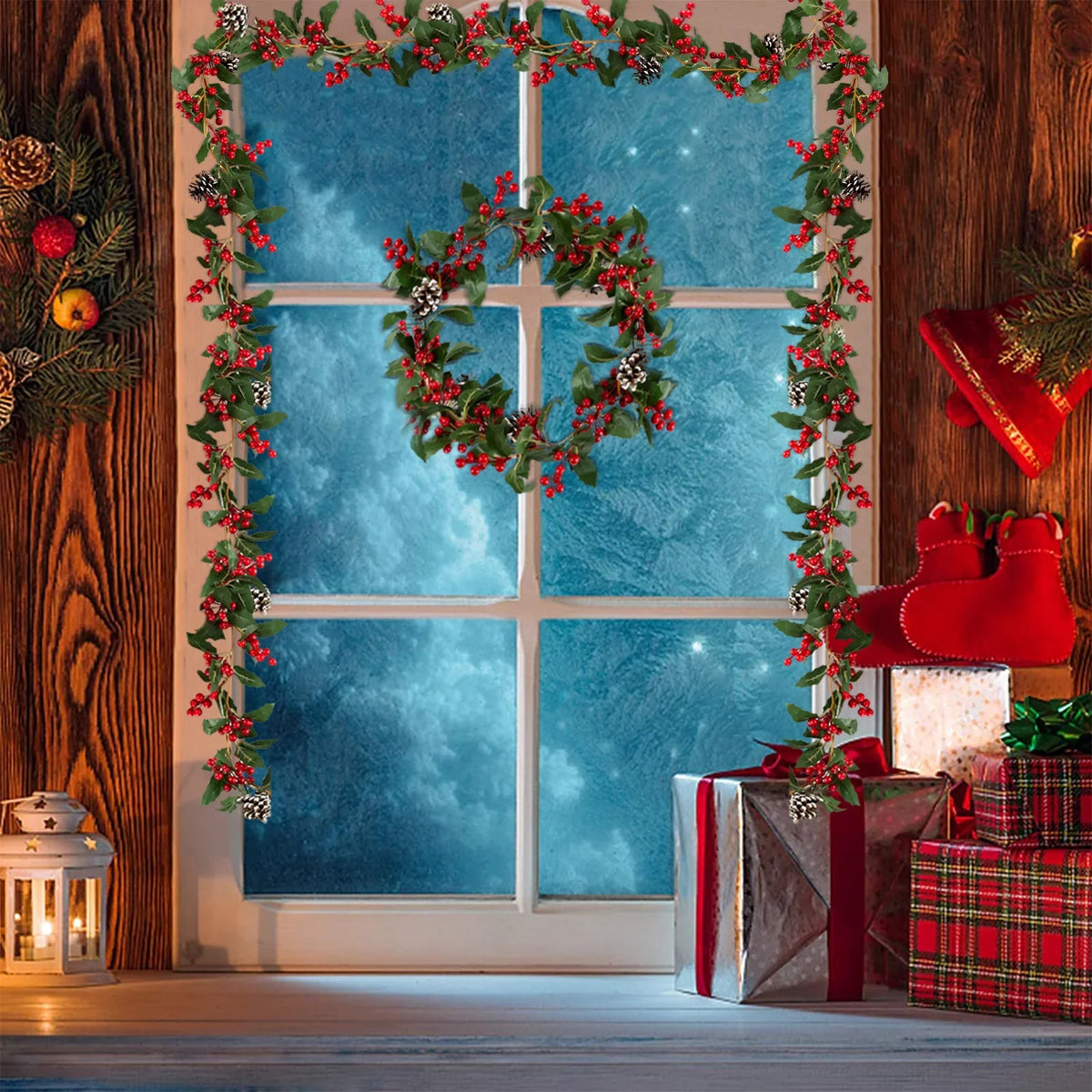 Blosmon Christmas Garland Decorations 2 Pcs 5.9Ft Artificial Red Berry Garland Christmas Leaves Pinecones Indoor Outdoor  for Fireplace Kitchen Door Party Holiday Decor