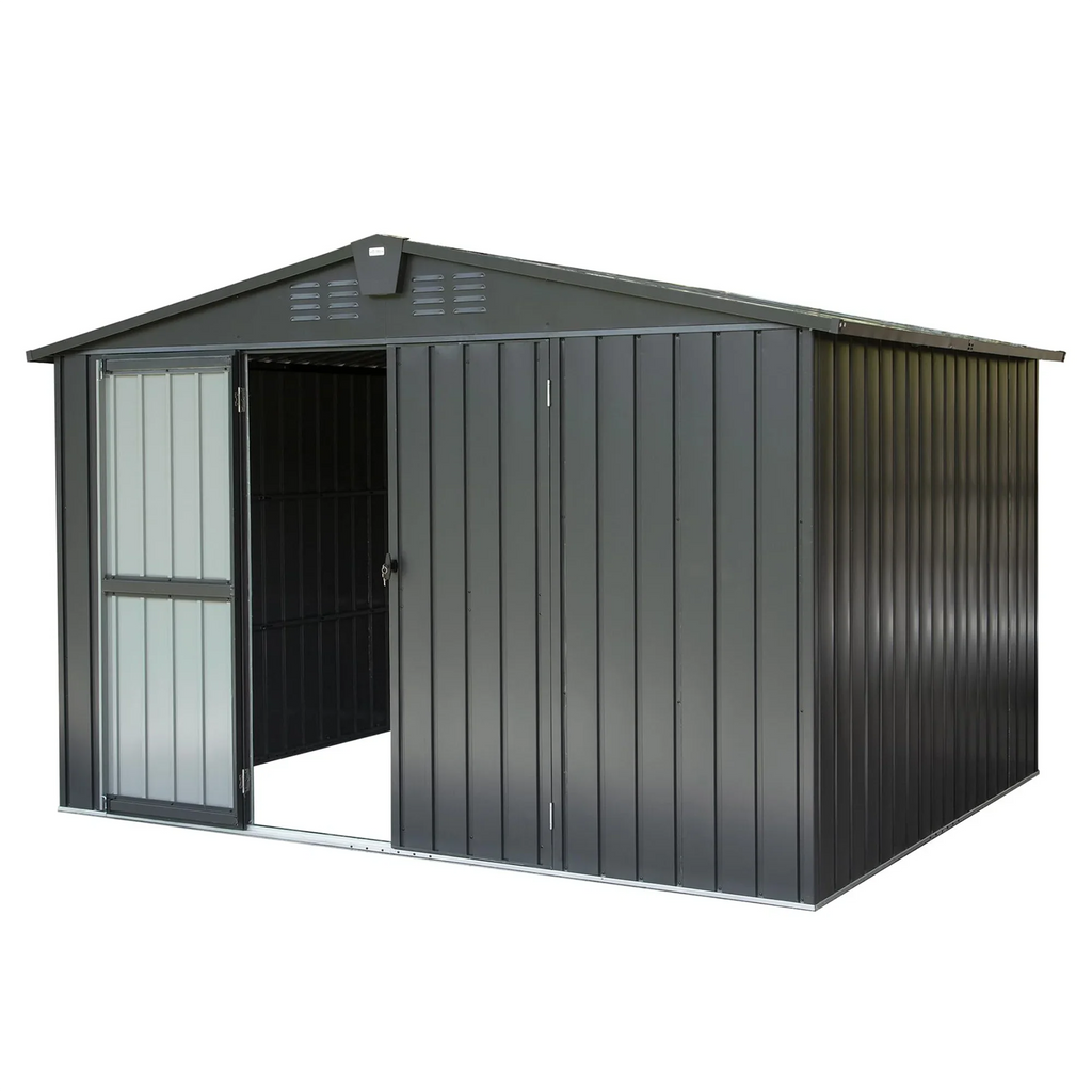 CoSoTower Outdoor Storage Shed 10' 8', Metal Garden Shed for Bike, Trash Can, Tools, Galvanized Steel Outdoor Storage Cabinet with Lockable Door for Backyard, Patio, Lawn (10X8ft, Black)