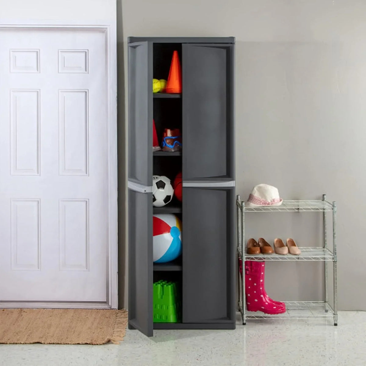 4 Shelf Cabinet, Heavy Duty and Easy to Assemble Plastic Storage Unit, Organize Bins in the Garage, Basement, Attic, Mudroom, Gray, 1-Pack