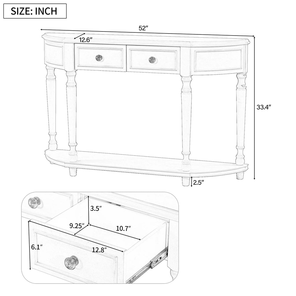 Retro Circular Curved Design Console Table with Open Style Shelf Solid Wooden Frame and Legs Two Top Drawers (White,  : )