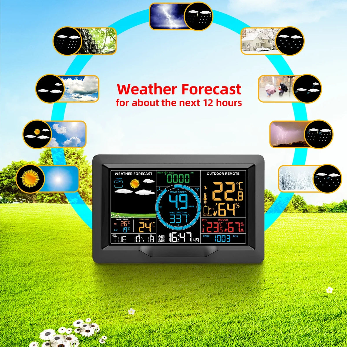 Suzicca Wireless Weather Station Indoor Hygrometer Thermometer Temperature Backlit Humidity Display  Digital Weather Forecast Station Clock Alarm Clock with Sensor  Port