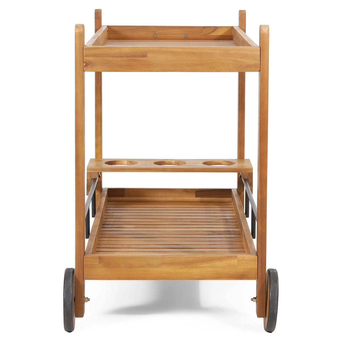 Studio Bonneau Outdoor Acacia Wood 2 Tiered Bar Cart with Bottle Holders, Teak and Black