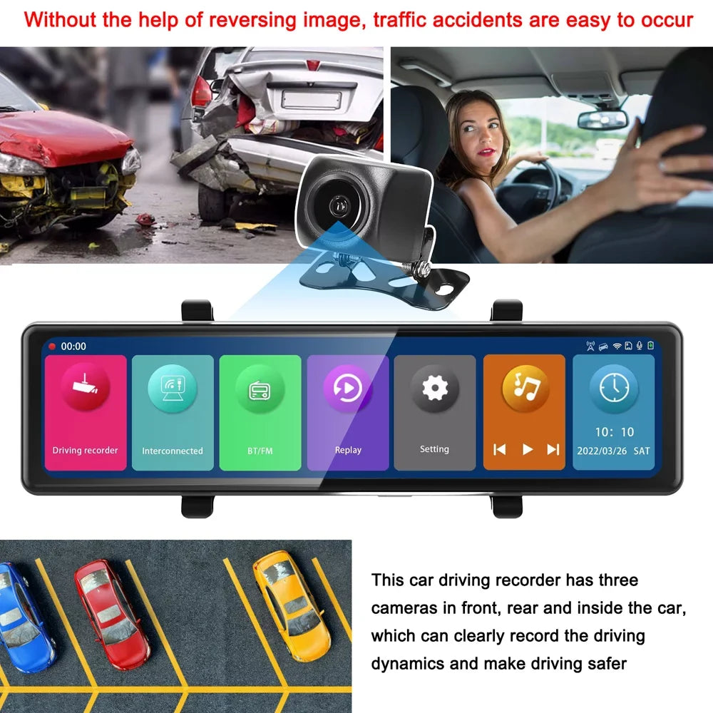 Andoer Dash Camera,3 Cameras Dash Cam Mirror Bt Car Touched Screen Bt Car Video 2.5k Clear Car 12in 2.5k Clear Car Camera Car Rearview Mirror Cam 12in 2.5k Rearview Mirror Bt Screen 2.5k Car