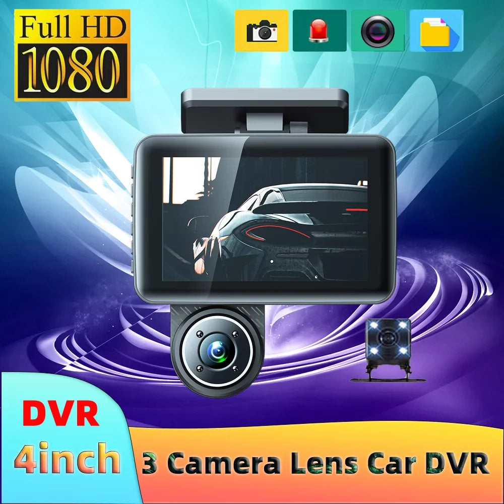 Andoer 3 Cameras Dash Cam 4in Clear Car Rearview Mirror Car Video Recording Camcorder Wide Angle Car Camera Recorder Auto Safety Driving Recorder