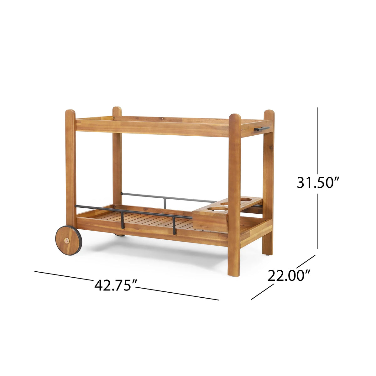 Studio Bonneau Outdoor Acacia Wood 2 Tiered Bar Cart with Bottle Holders, Teak and Black