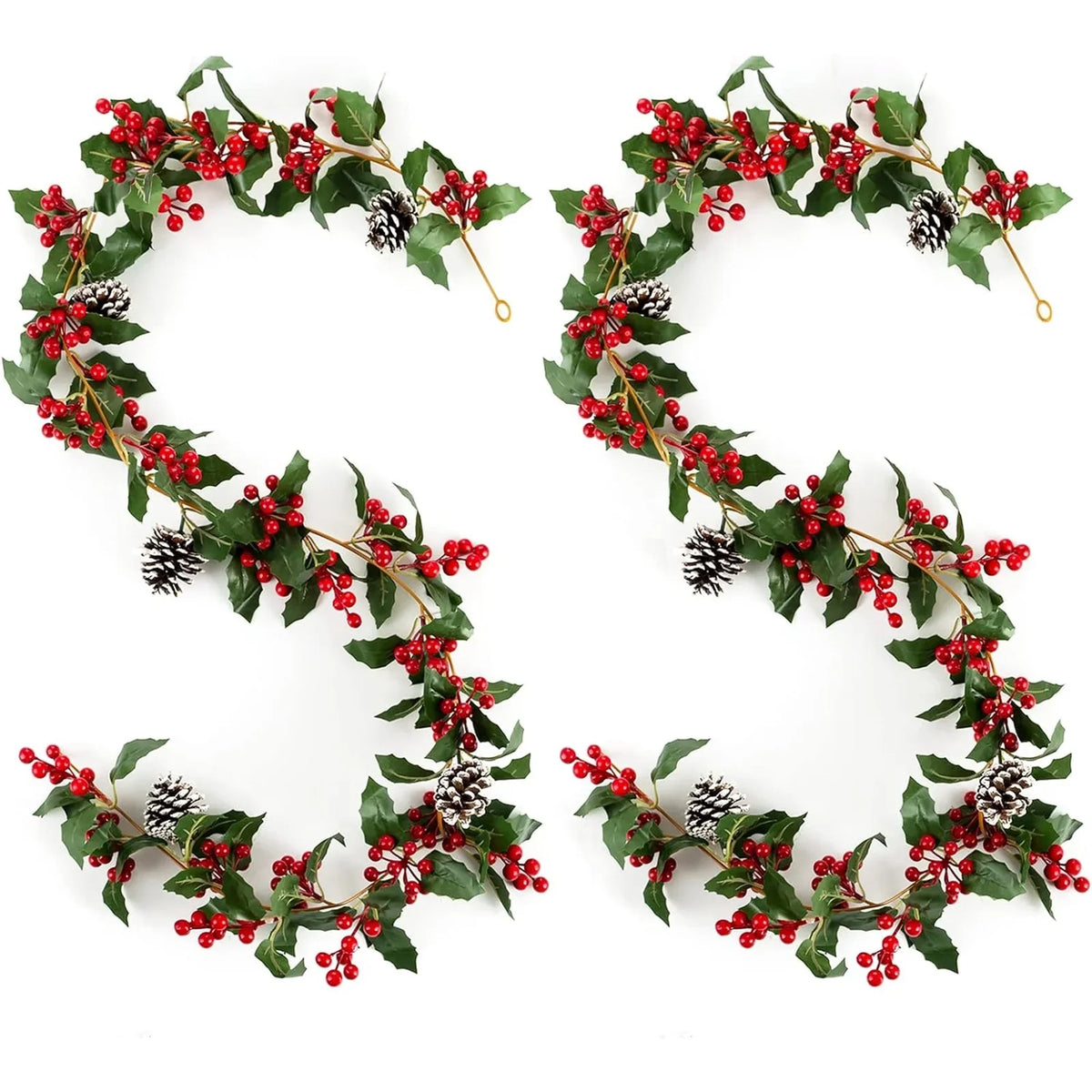 Blosmon Christmas Garland Decorations 2 Pcs 5.9Ft Artificial Red Berry Garland Christmas Leaves Pinecones Indoor Outdoor  for Fireplace Kitchen Door Party Holiday Decor