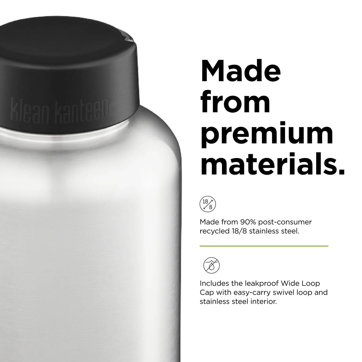 Klean Kanteen Wide w/Wide Loop Cap, 64oz, Brushed Stainless