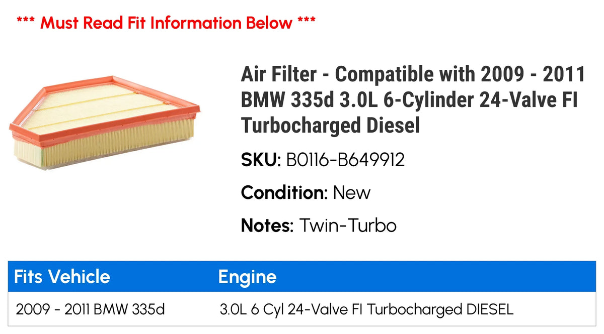 Air Filter - Compatible with 2009 - 2011  335d 3.0L 6-Cylinder 24-Valve  Turbocharged Diesel 2010